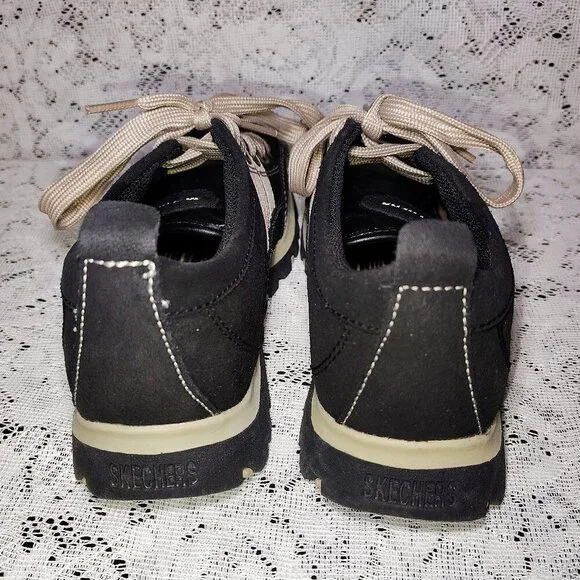 Skechers Women's 5.5 Casual Lace Up Sneakers Black Leather Beige - Picture 4 of 8